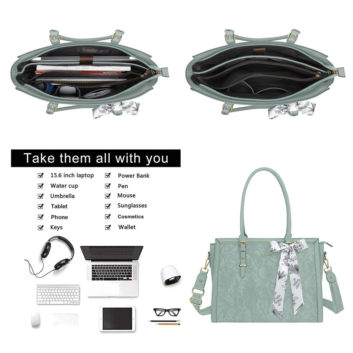 MOSISO Laptop Bag for Women, 15.6-16 inch PU Leather Tote Bag Compatible with MacBook, HP, Dell, Asus Notebook, Front Embossed Retro Hibiscus Computer Bags with Silk Scarf&Clutch Purse, Antique Green