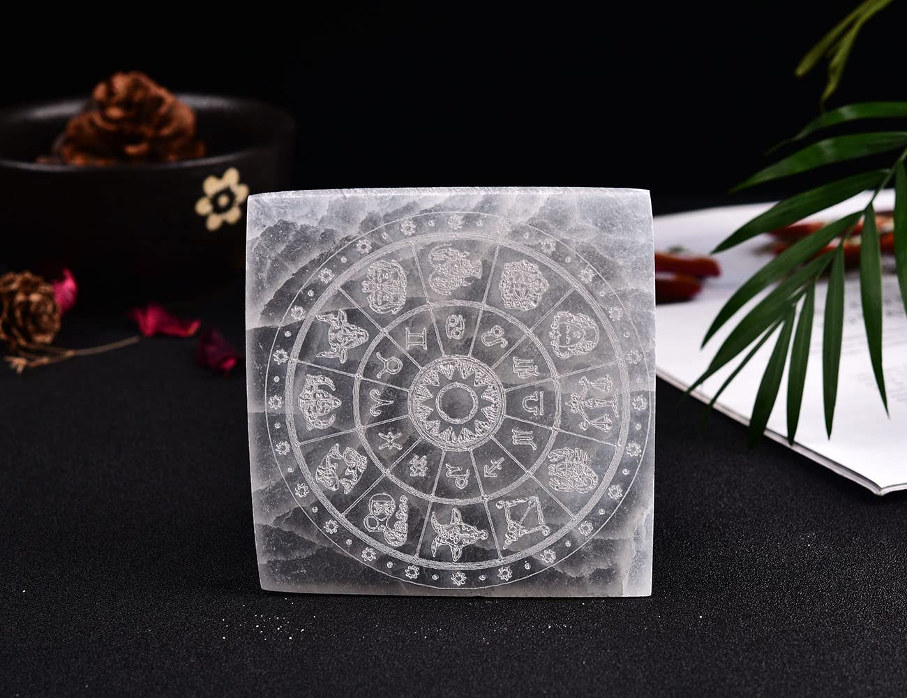 JIC Gem 4" Square Selenite Charging Plate 12 Star Engraved Selenite Slab Healing Crystal Charging Station