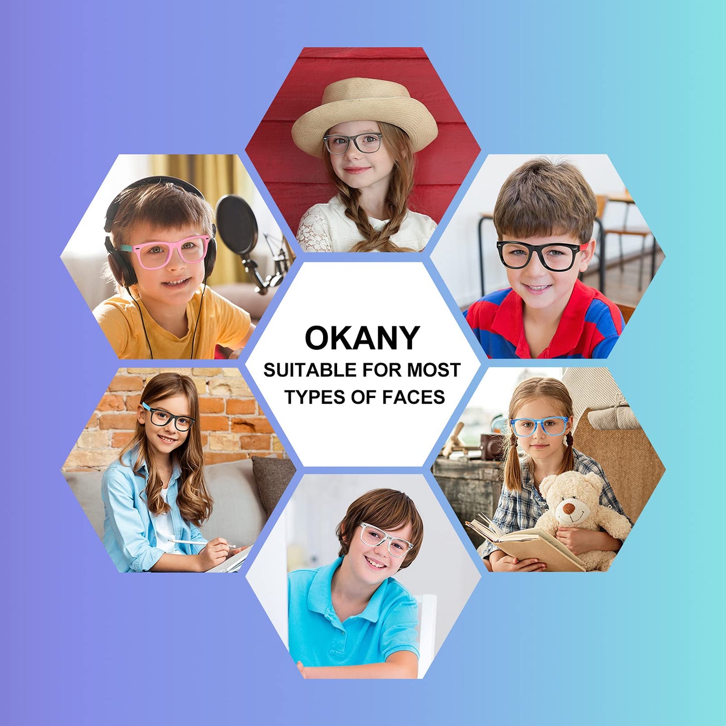 Okany Blue Light Glasses for Kids 3 Pack Blue Light Blocking Glasses for Teen Boys Girls Age 3-10,Computer Screen Gaming TV Phone Glasses Anti Glare,UV & Eye Strain (Grey Black+Transparent+Blue)