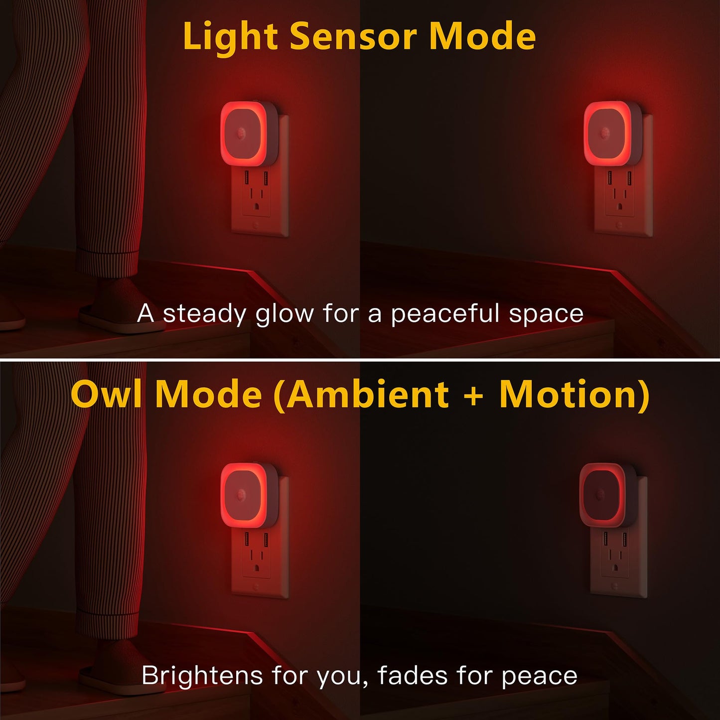 YUNLEX 2 Pack Plug in Red Night Light with Motion Sensor & Dusk to Dawn Sensor, Soft Glow, 0% Blue Light, Dimmable, Auto On/Off, 3 in 1 LED Lights for Bedroom, Kids, Bathroom, Hallway, as Father Gifts