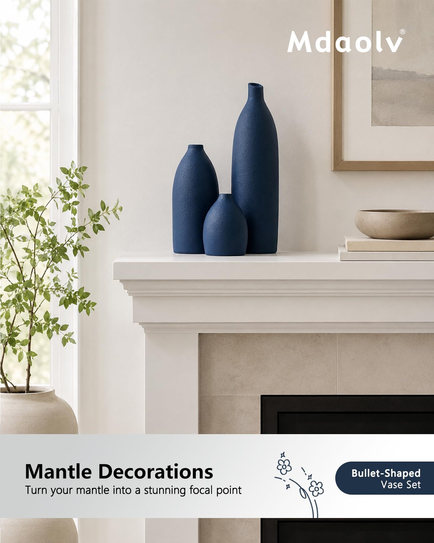 Mdaolv Matte Blue Vase Set Navy Blue Decor Coastal Decor Vases for Kitchen Island Living Room Office Table Fireplace Mantle Decorations & Bathroom Shelf Decor Centerpiece Table Decorations Ceramic