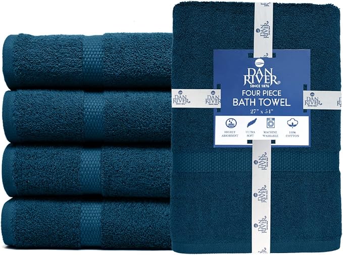 DAN RIVER Bath Towels Set of 4, 27 x 54 Inches, 100% Cotton, Larger & Lighter