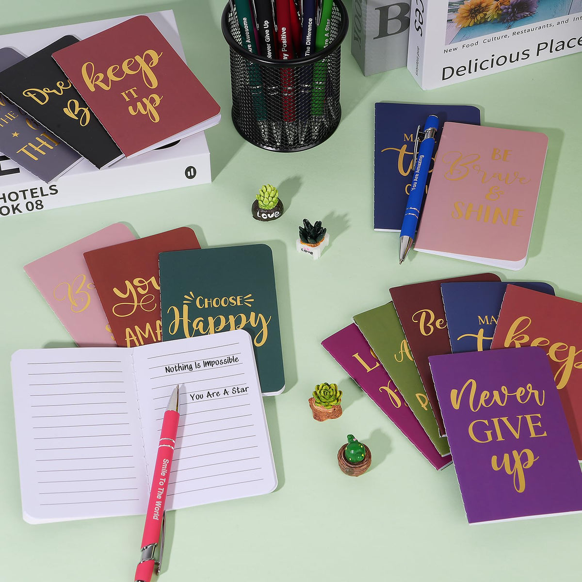 96 Pcs Bulk Motivational Pens Inspirational Notepads Set, Small Pocket Motivational Quote Notebooks and Ballpoint Pens, Mini Journals Gift Set for Kids Students Teachers School Office Prizes Supplies