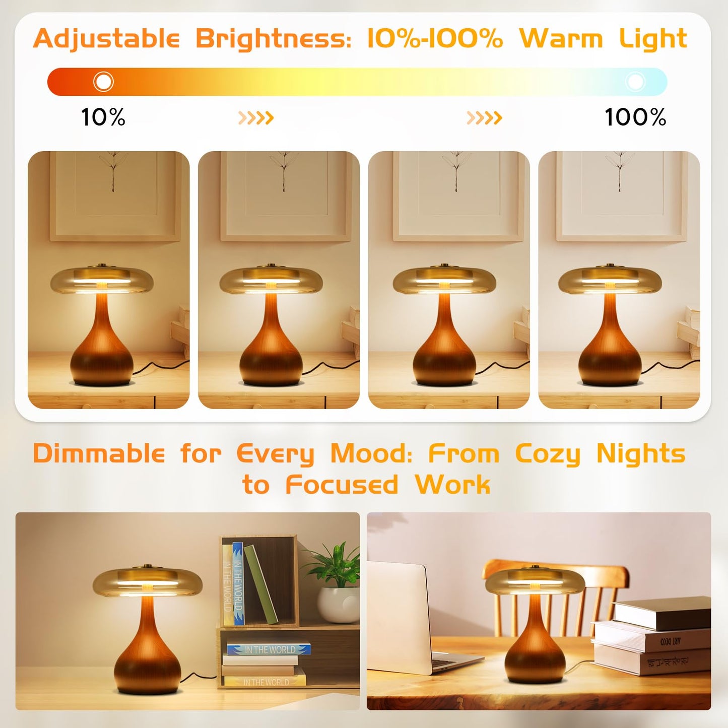 WTHTNROM Small Table Lamp for Bedroom-Wooden Base Teardrop Mushroom Table Lamps,Amber Glass Shade,LED Three Color Temperature Adjustable Brightness Modern LED Side Table and Desk Lighting(H 9.7 in)