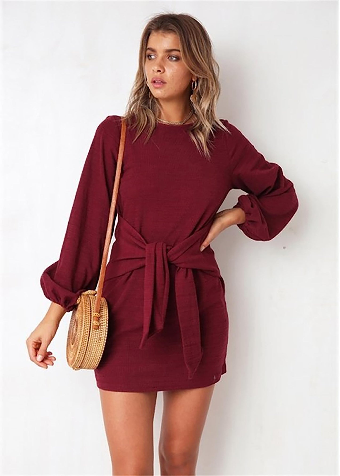 PRETTYGARDEN Womens Fall Elegant Long Lantern Sleeve Short Dress Wedding Guest Crewneck Tie Waist Knit Cocktail Dresses (Wine Red,Large)