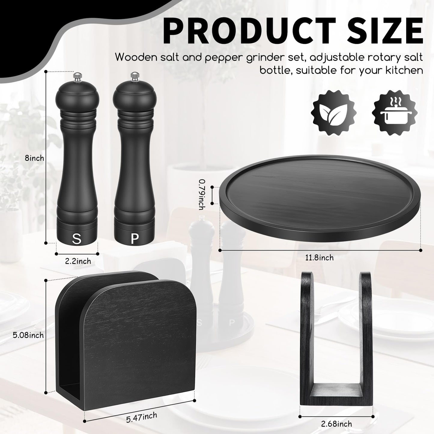 4 Pcs Rustic Farmhouse Decor Set Acacia Wooden Napkin Holder Salt and Pepper Shakers and 12" Round Wood Tray Spice Rack Table Tray for Kitchen Countertop Dining Table Centerpieces(Black)