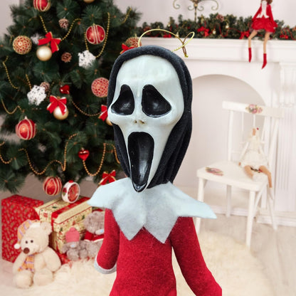 Party Monkeys Bend and Pose Creepy Ghost Masked Elf Decoration 35cm – Handmade Horror-Inspired Ornament for Christmas, Halloween & Holiday Party Décor – Spooky Collectible with Sinister Expression