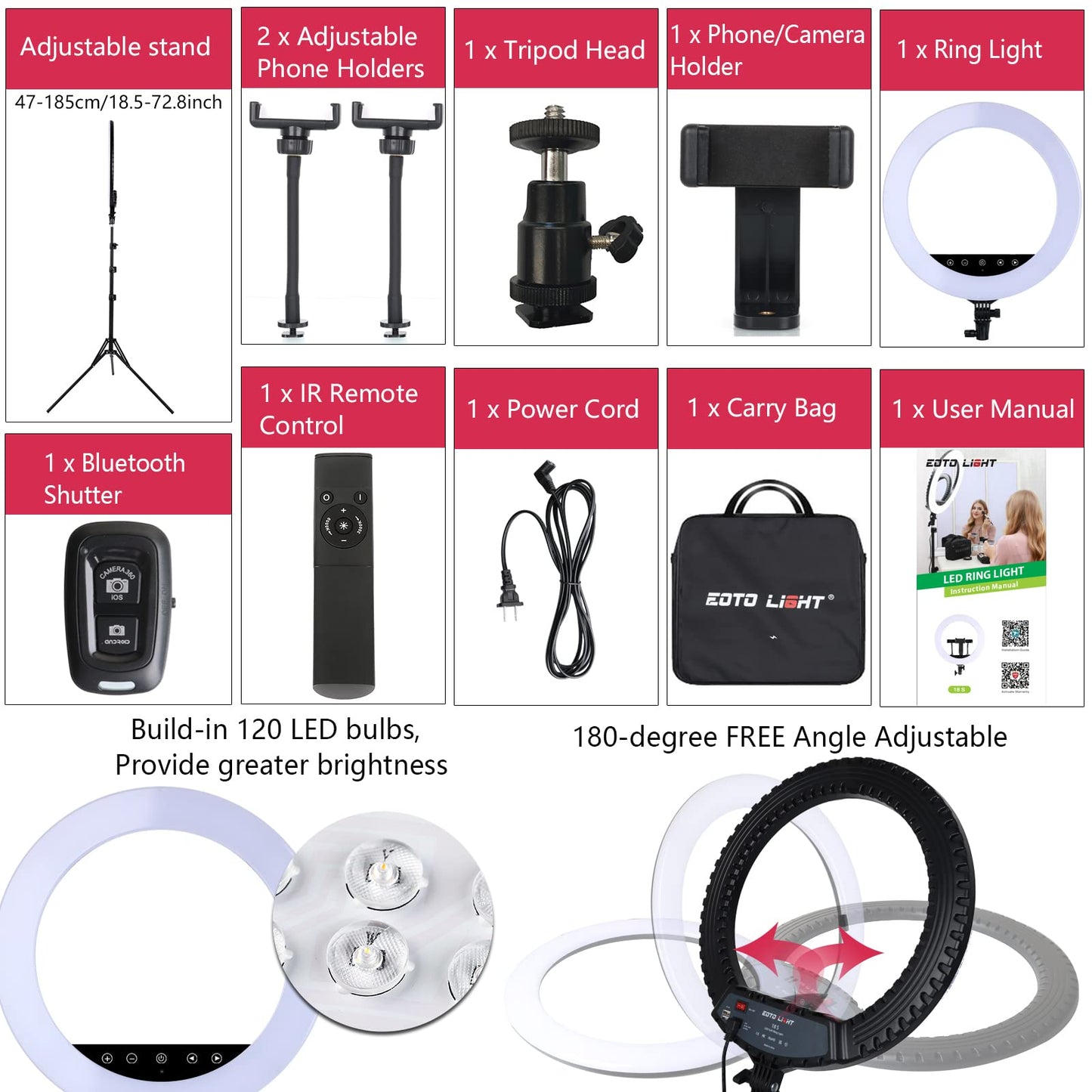 Upgraded 18 inch LED Ring Light with Tripod Stand, Ring Light with Touch Panel for Makeup Studio Portrait YouTube Vlog Video Shooting with Remote Controller, CRI>90