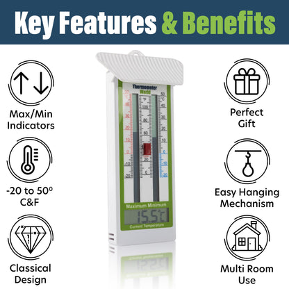 Digital Max Min Greenhouse Thermometer Room Temperature - Classic Max Min Thermometer to Measure Maximum and Minimum Temperatures - Easy Wall Mounted Greenhouse Accessories Indoor or Outdoor