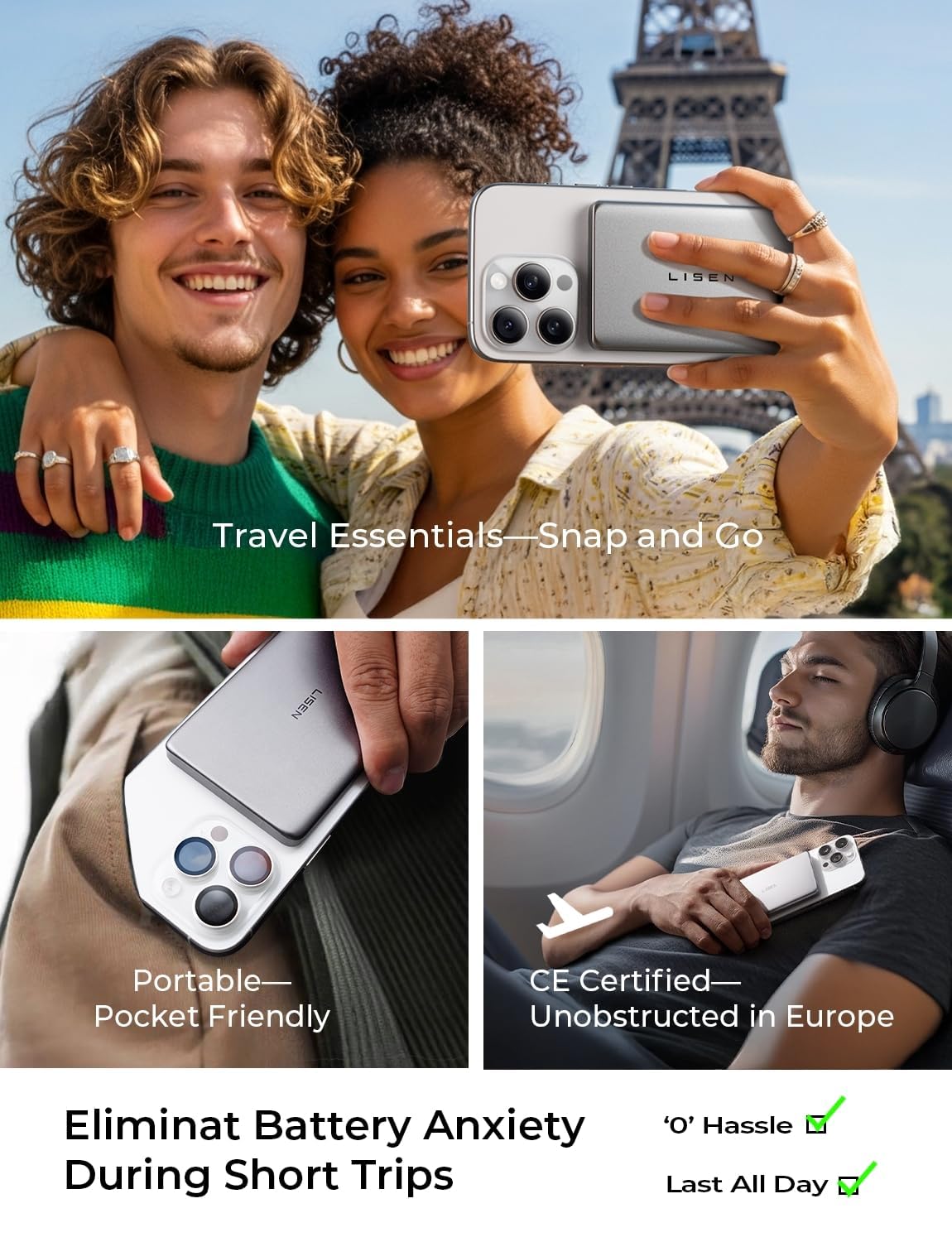 LISEN Ultra Slim MagSafe Portable Charger,5000mAh Wireless Card Slim MagSafe Battery Pack iPhone 17 Air Accessories,Magnetic Power Bank for iPhone 17 Pro Max Plus Air/16/15/14/13/12,Gifts for Men