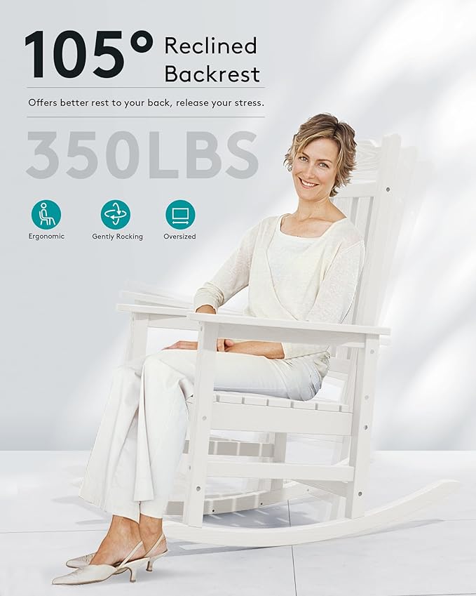 SERWALL Oversized Rocking Chair Outdoor, HDPE Outdoor Rocking Chair, White