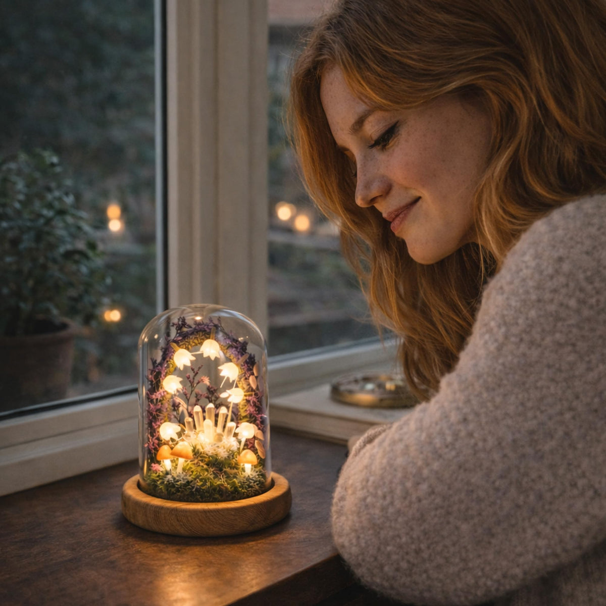 Nordic Notch Mushroom Night Light Lamp - Handmade Glass Dome Fairy Light with Solid Wood Base, USB or Wireless, Cozy Aesthetic Bedside Table Decor, Unique Gift | Purple Rain