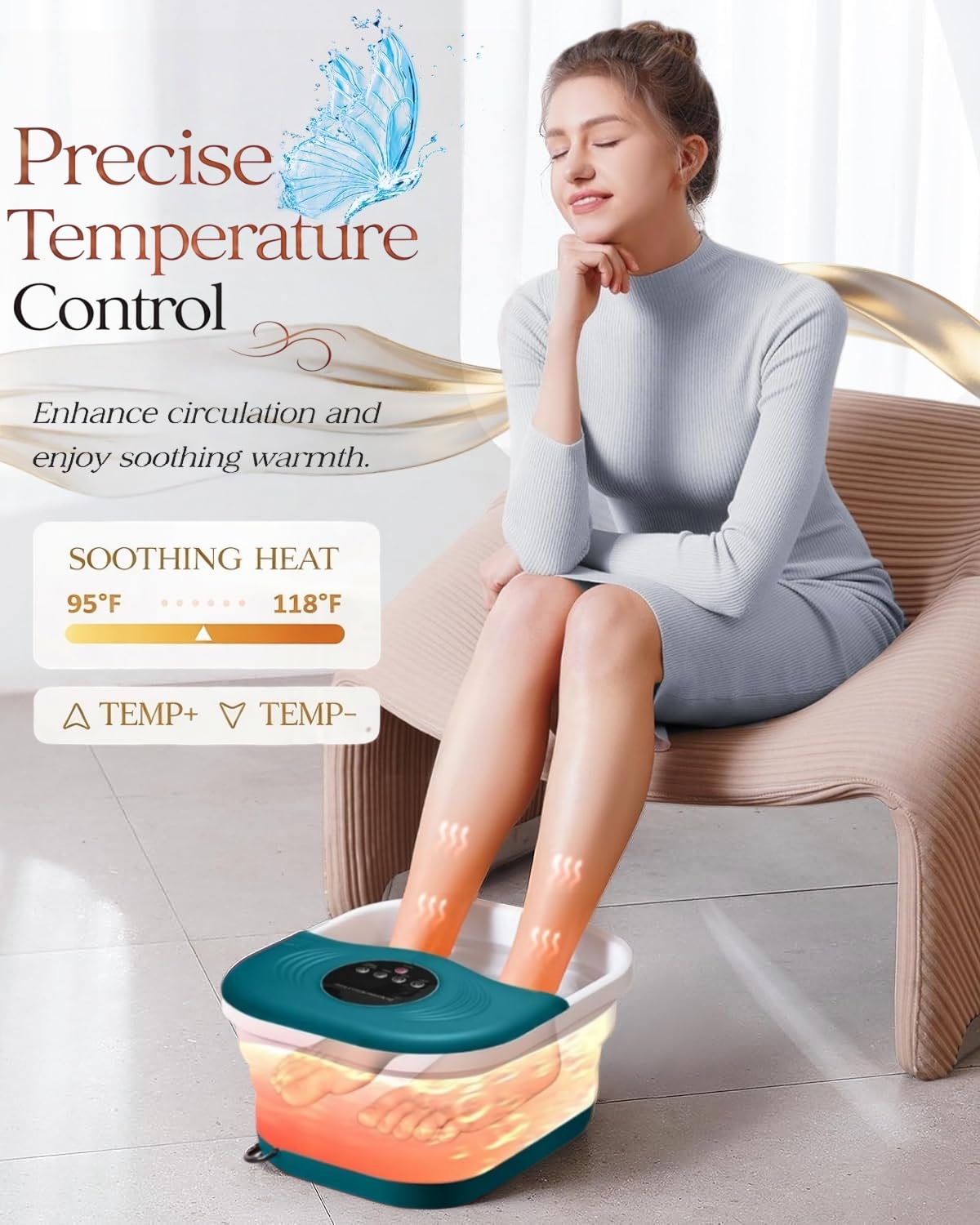 SPA4PIEDS Foot Spa Bath Massager with Heat, Bubble Jets, Red Light & Timer, Pedicure Foot Spa with 95-118℉ Temperature Control, 8 Shiatsu Rollers, Pumice Stone, Gift for Women,Men,Dad
