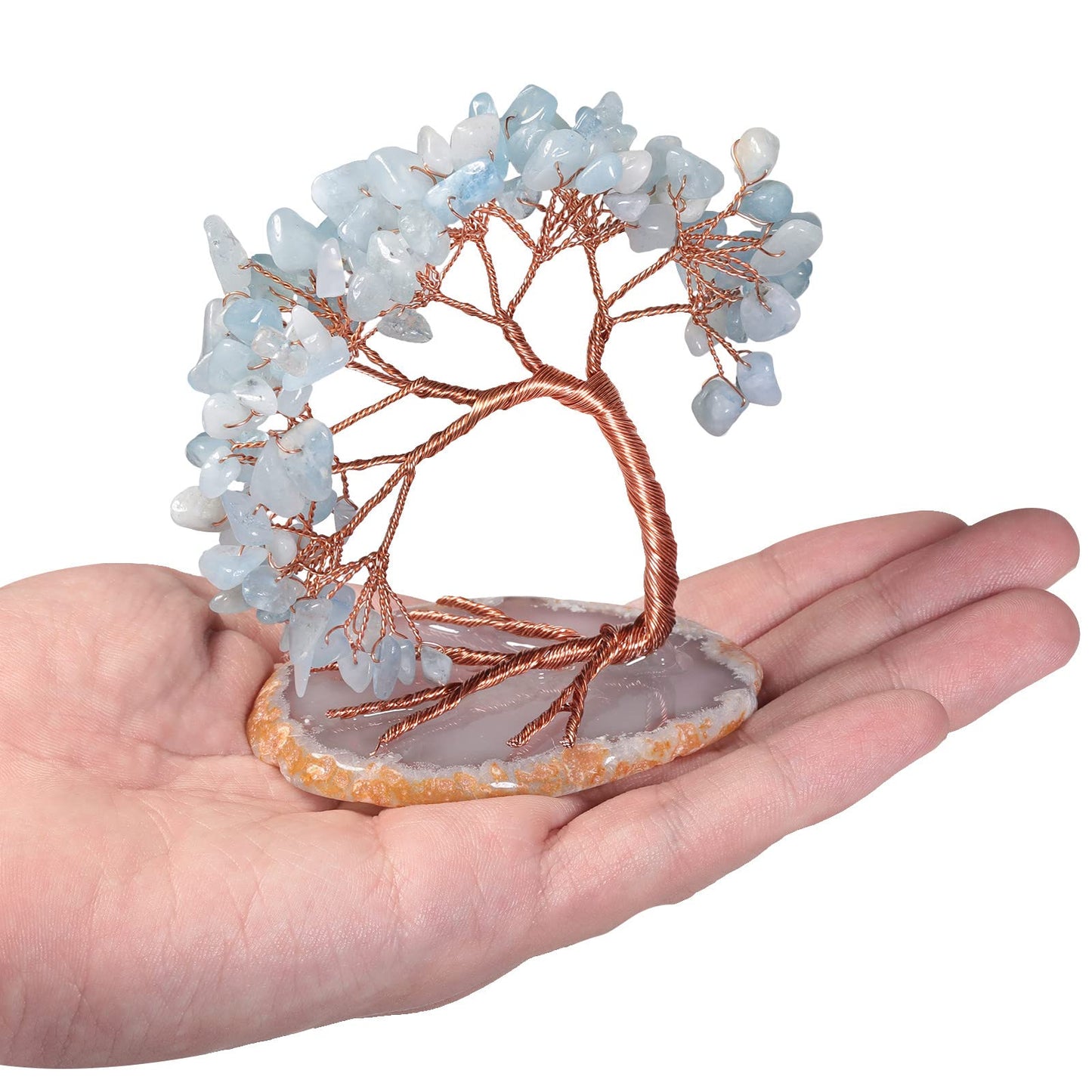 mookaitedecor Natural Aquamarine Crystal Money Tree Agate Slice Base Feng Shui Bonsai Crystal Tree for Wealth Luck Desk Decor, 3-4 Inch High