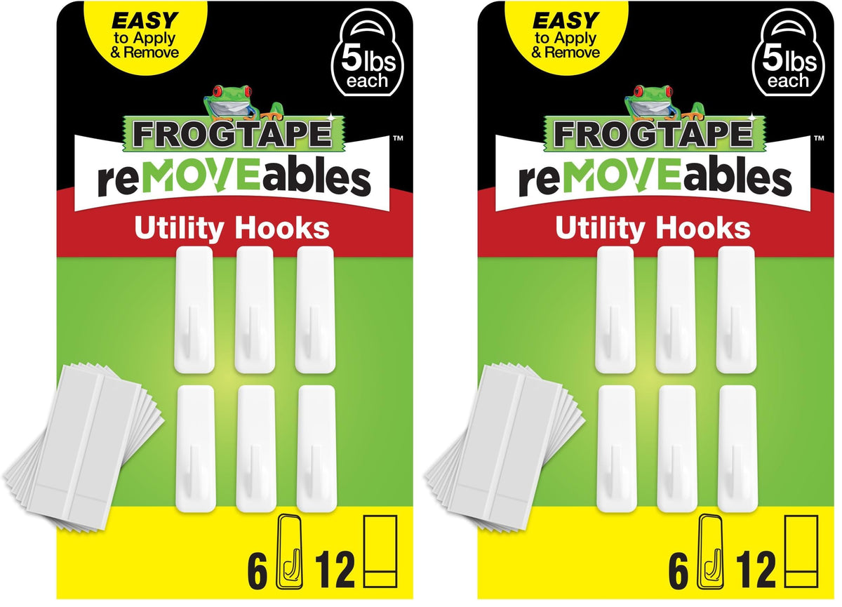 FrogTape reMOVEables Damage Free Adhesive Wall Hook - Removable Large Utility Wall Hooks for Hanging - No Nails - Holds up to 5 lbs - 6 Reusable Hooks & 12 Adhesive Strips - White (Pack of 12)