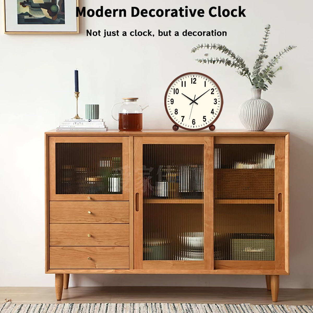 Maxspace Wooden Table Clock,8in Silent Non-Ticking Desk Clock,Battery Operated Desktop Analog Clock for Living Room Bedroom Kitchen Office Classroom Decor (Walnut - Cream Finish)
