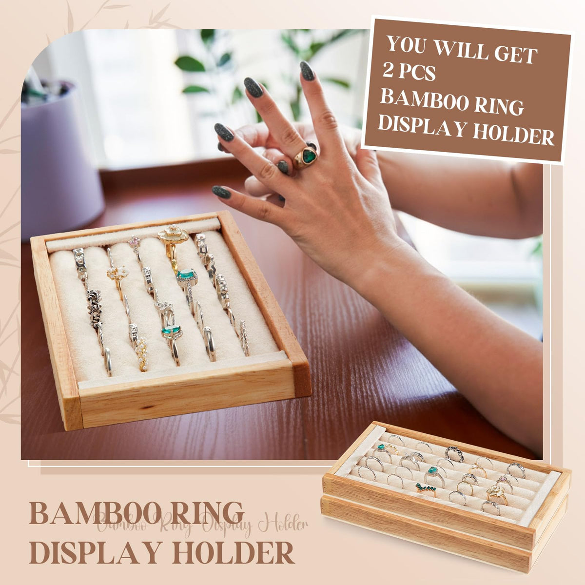 Novabright 2 Pcs Bamboo Ring Holder, 5 Slot Rings Display Tray Stand, Jewelry Rings Earrings Tray Storage Organizer for Selling Retail Exhibitions (Beige)