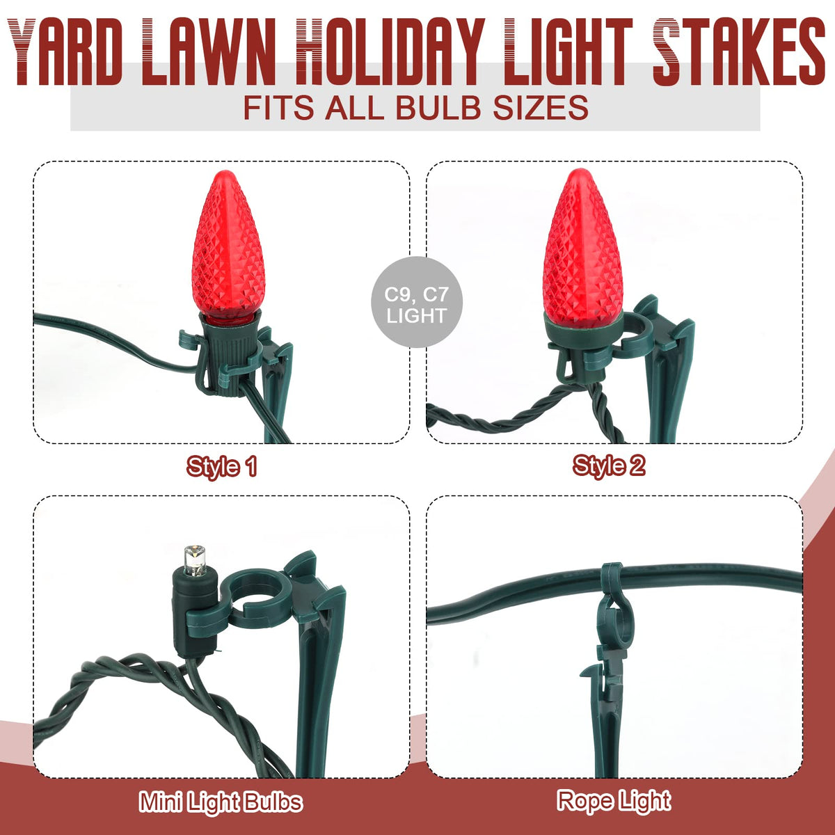 12 Inches Christmas Light Stakes Universal Yard Lawn Holiday Light Stakes C7 C9 String Lights Ground Stakes for Christmas Outdoor Lights Holders on Yards, Driveways, Pathways (50, Black)