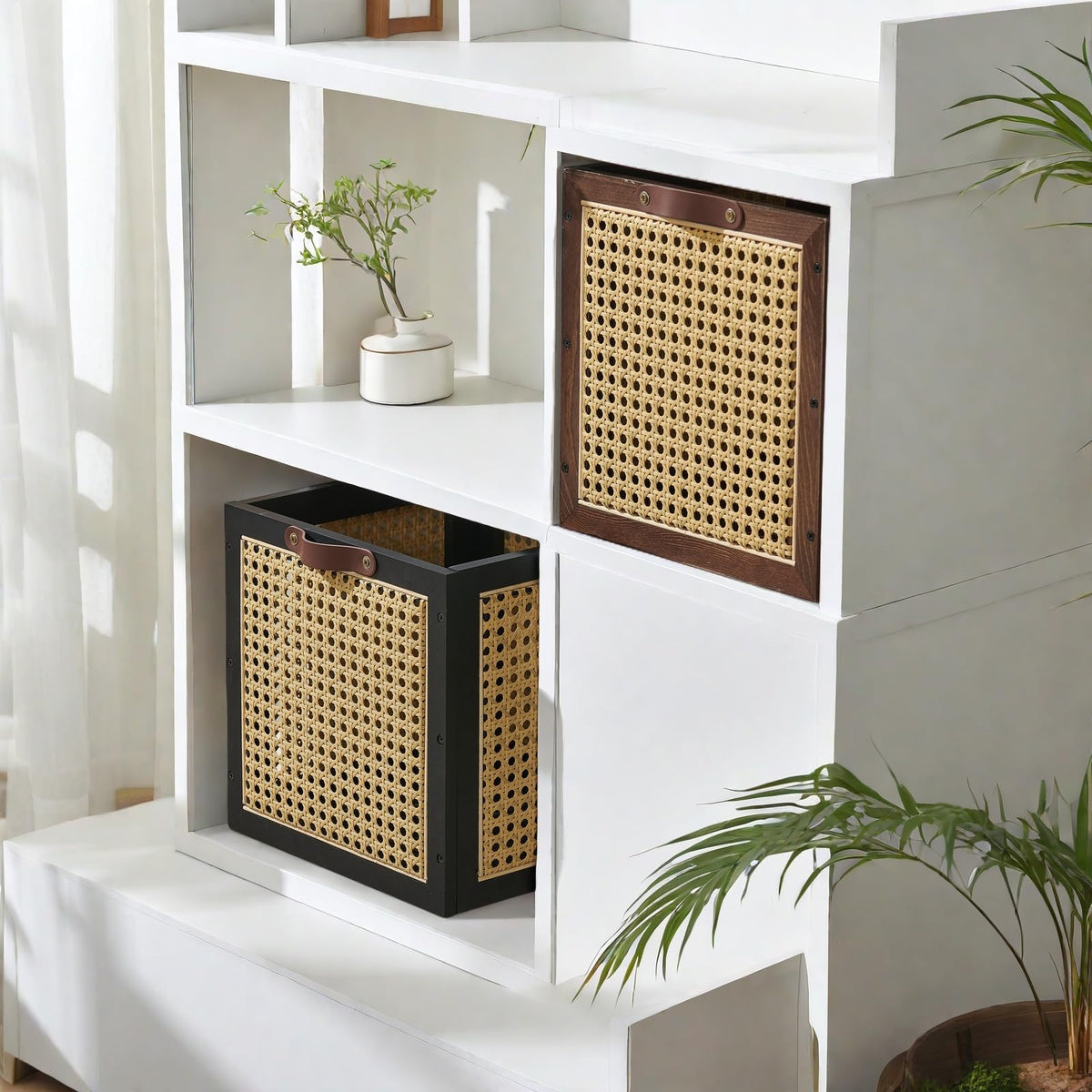 VinneGenzz 2PCS Rattan Storage Cubes Wooden Storage Baskets Boxes Decorative Natural Handmade Bohemian Solid Wood Woven Wicker Cane Bin Closet Shelf Clothes Organizer Books Magazine Holder (Walnut)