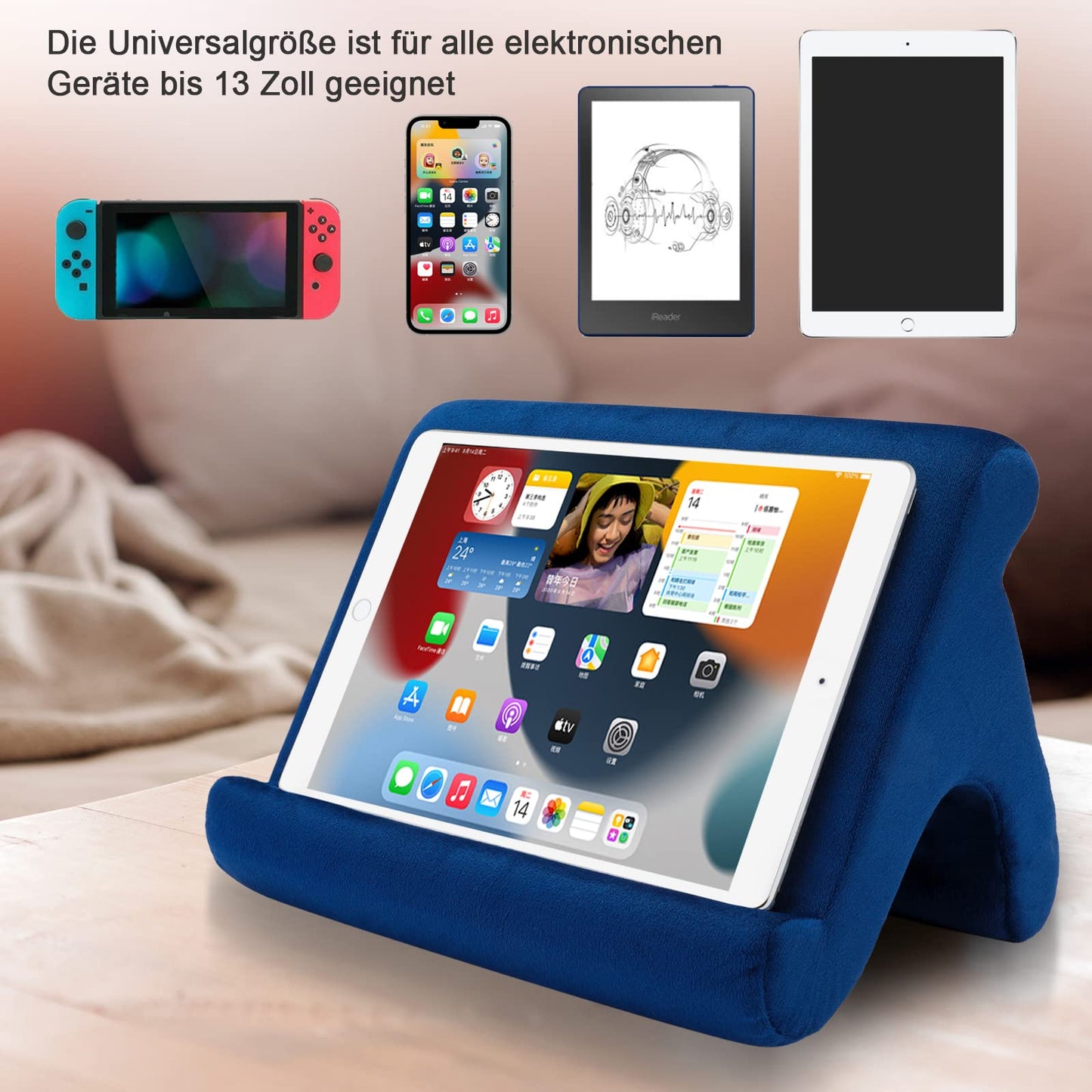 SAMHOUSING Tablet Pillow Stand Holder Dock for Bed with 3 Viewing Angles, Compatible with All Tablets,Phones and iPad Pro 9.7, 10.5,12.9 Air Mini 4 3, Kindle, E-Reader and Books(Navy)