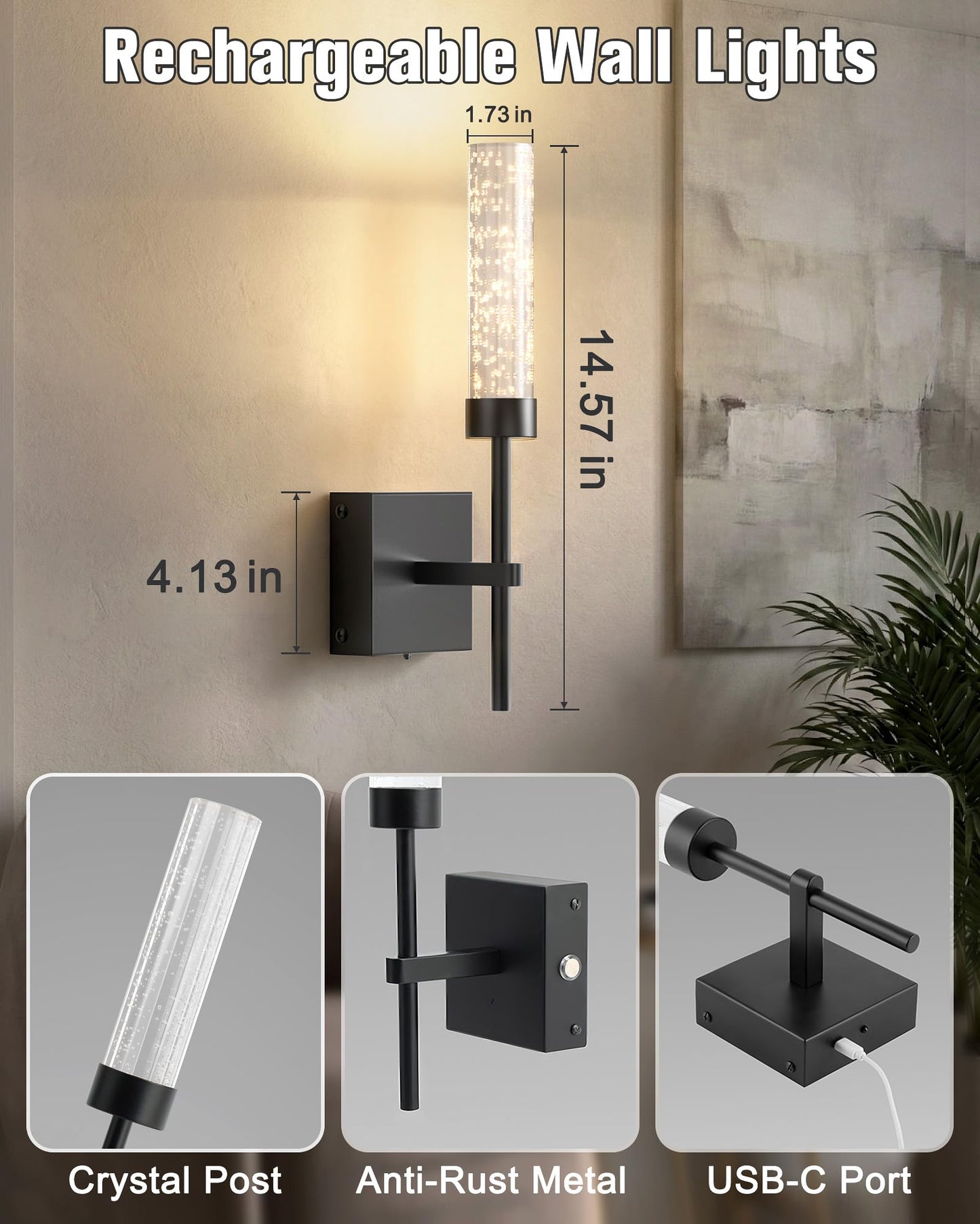 NIORSUN Crystal-Inspired Bubble Wireless Wall Sconces, 10000mAh Battery Operated Wall Sconces Set of 2, 3 Color Temps Rechargeable Wall Lights with Remote, Dimmable Wall Lamp for Living Room Bedroom