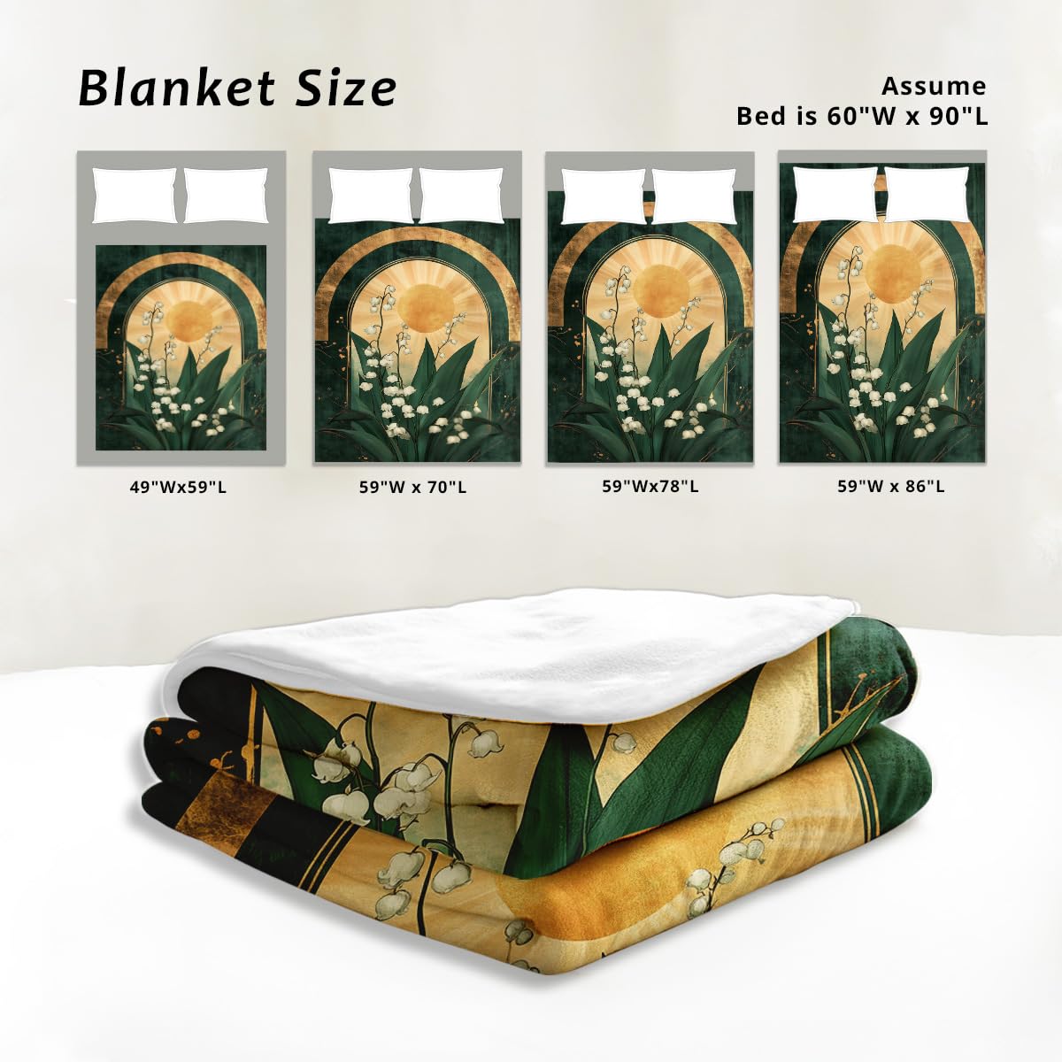 HUNXIAOJ White Floral Blanket Lily of The Valley Print Throw Wildflower Blanket Queen Size Flowers Flannel Bedding Couch Sofa Bed Living Room Decor 49"x59"