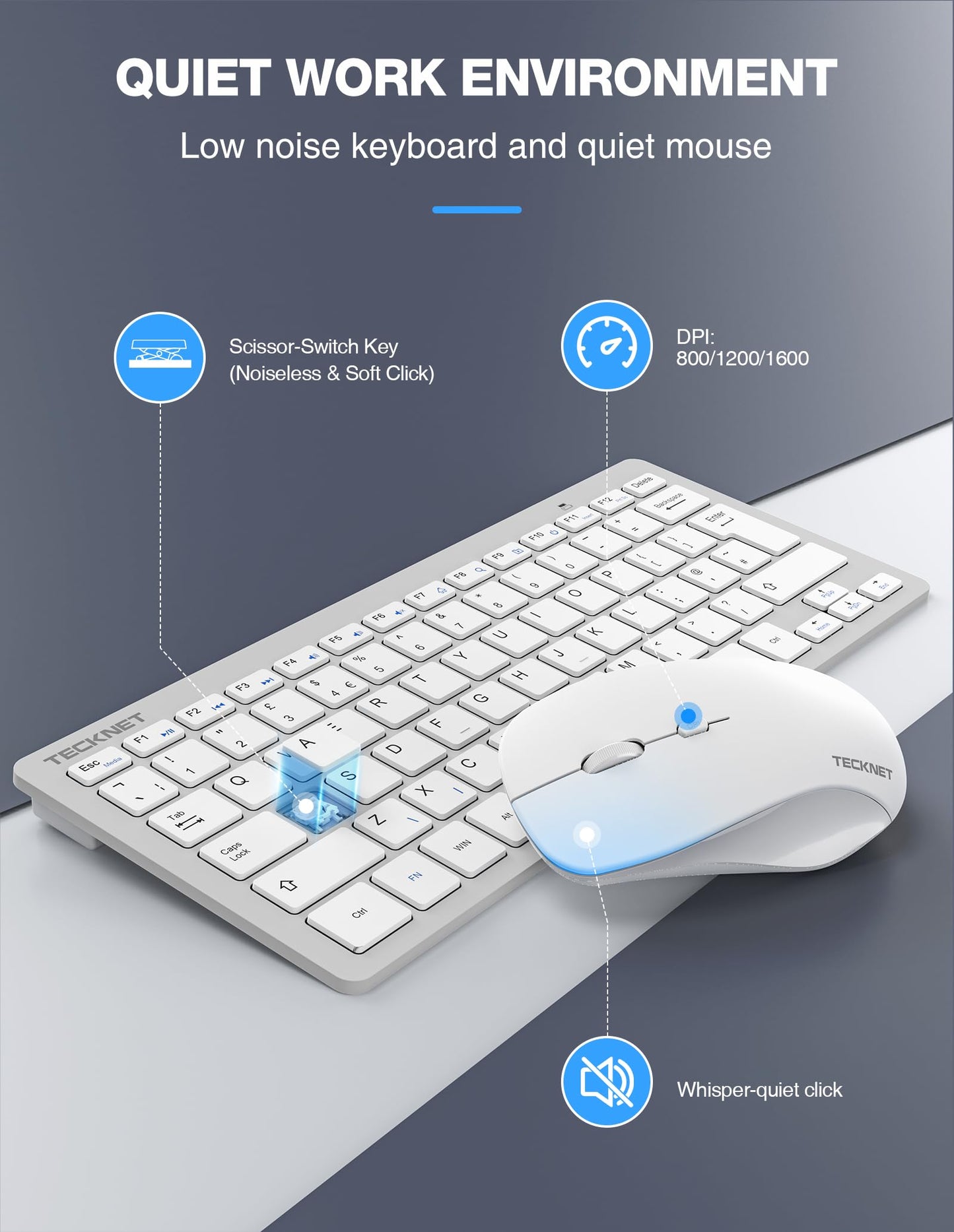 TECKNET Mini Wireless Keyboard and Mouse Set, 2.4G Cordless USB Keyboard and Silent Mouse Comb with Nano USB Receiver, 12 Multimedia Shortcuts for Computer, PC, Laptop, Desktop (Silver)