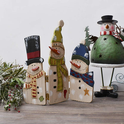 E-view Christmas Decorations Wood Snowman Sign Holiday Xmas Home Decor Wooden Folding Triple Snowmen Screen Rustic Decorative Ornaments for Table Top Fireplace (Snowman)