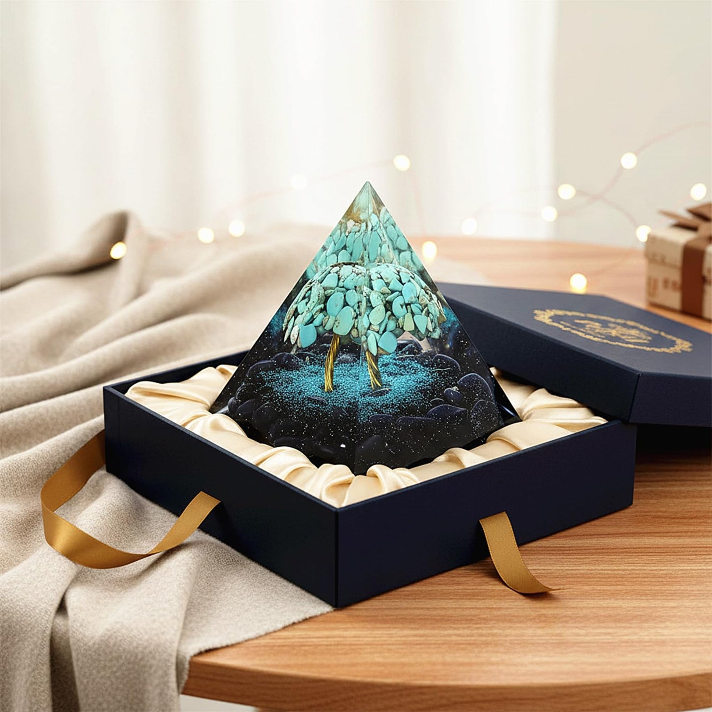 Handmade 2.36inch Tree of Life Crystal Pyramid Turquoise&Blue Sandstone Quartz Healing Crystal for Reduce Stres Meditation Protection, Decoration,Gifts