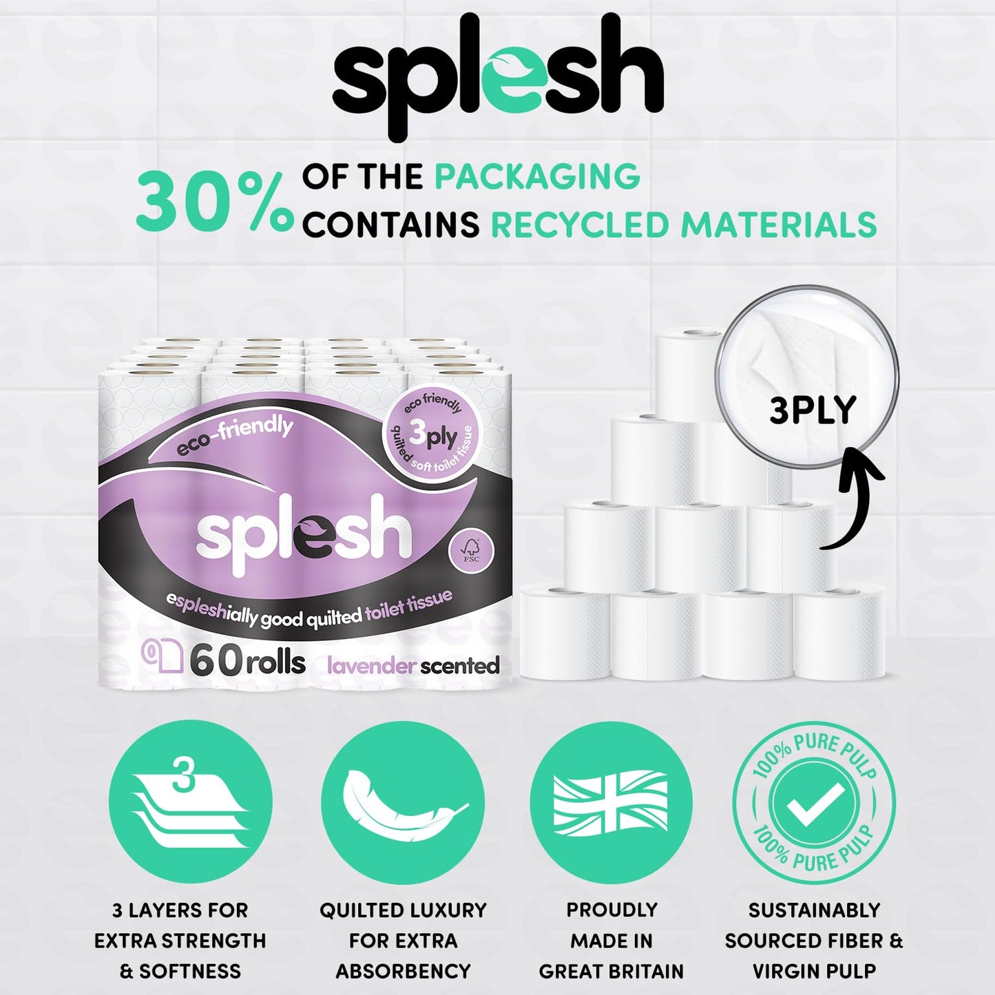 Splesh by Cusheen 3-ply Toilet Roll - Lavender Fragrance (60 Pack) Soft, Quilted Bulk Toilet Rolls, Toilet Tissue and Loo Rolls – Eco-Friendly Toilet Paper Sustainably Crafted in The UK