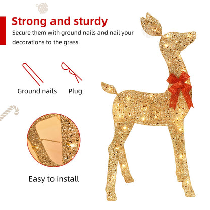 HOYECHI 5 FT Oversized Christmas Decorations Outdoor Lighted Reindeer – 3-Piece 2D Deer Family Set with 160 Warm White LED Lights for Yard, Lawn, Garden & Porch Holiday Display - Gold