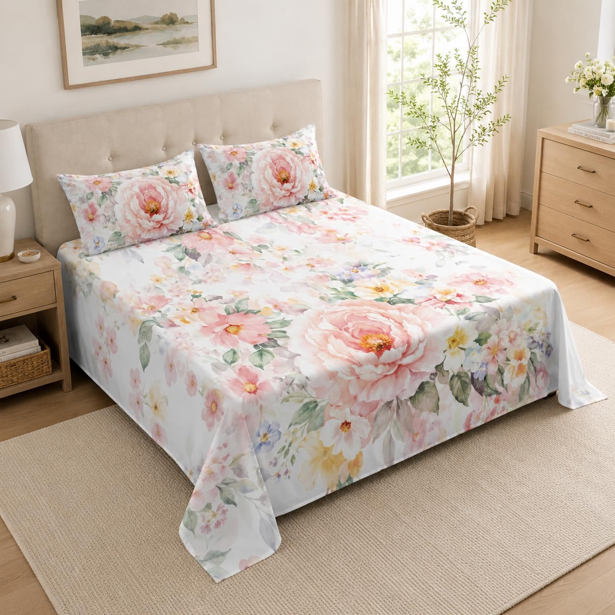 YIYEA Queen Sheet Set, Luxury 1800TC Hotel Quality Double Brushed Microfiber Floral Bed Sheets for Queen Size Bed, Ultra Soft, Deep Pocket, Shrinkage and Fade Resistant, 4PC, Queen