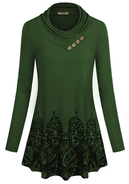 Miusey Tunic Tops for Women Loose Fit Printed Tunics to wear with Leggings Casual A-Line Swing Pleated Lightweight Long Sweaters Blouses Green Flower XX-Large