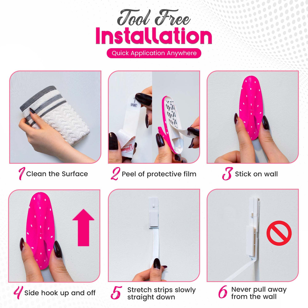WallCandy Adhesive Wall Hanging Hooks | Pack of 3 Pink Polka Dot Wall Hooks with Heavy Duty Sticky Strips that Hold Up to 3lbs, Easy to Install Hanging Hook for Painted Walls & Kitchen