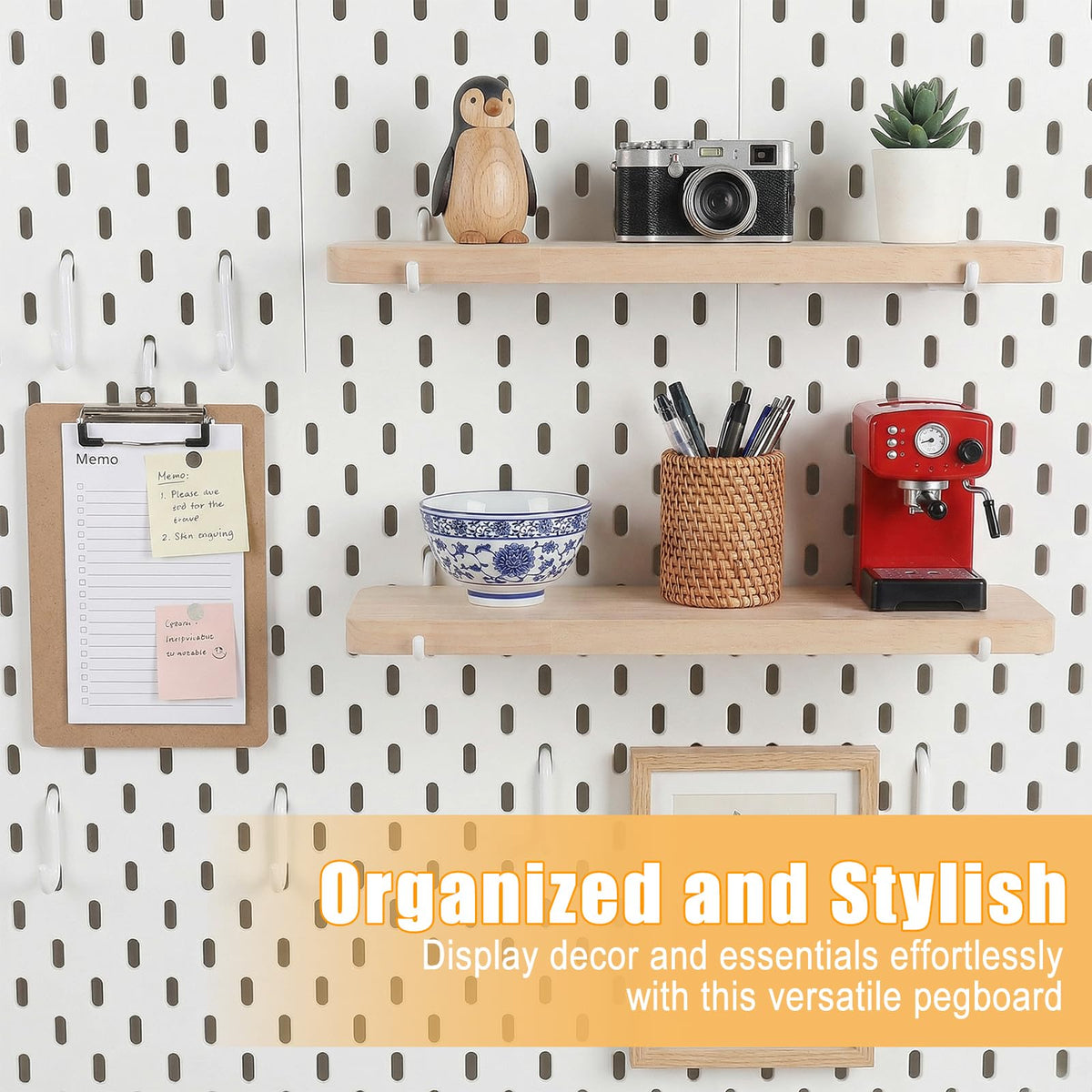 Afcabakila 2pcs Pegboard Shelf Solid Wood Wall Shelf with Hooks L11.8 *W3.9 inch pegboard Accessories pegboards Shelves Wooden peg Board Shelving for Home & Office,Crafts Room, Garage, Workbench