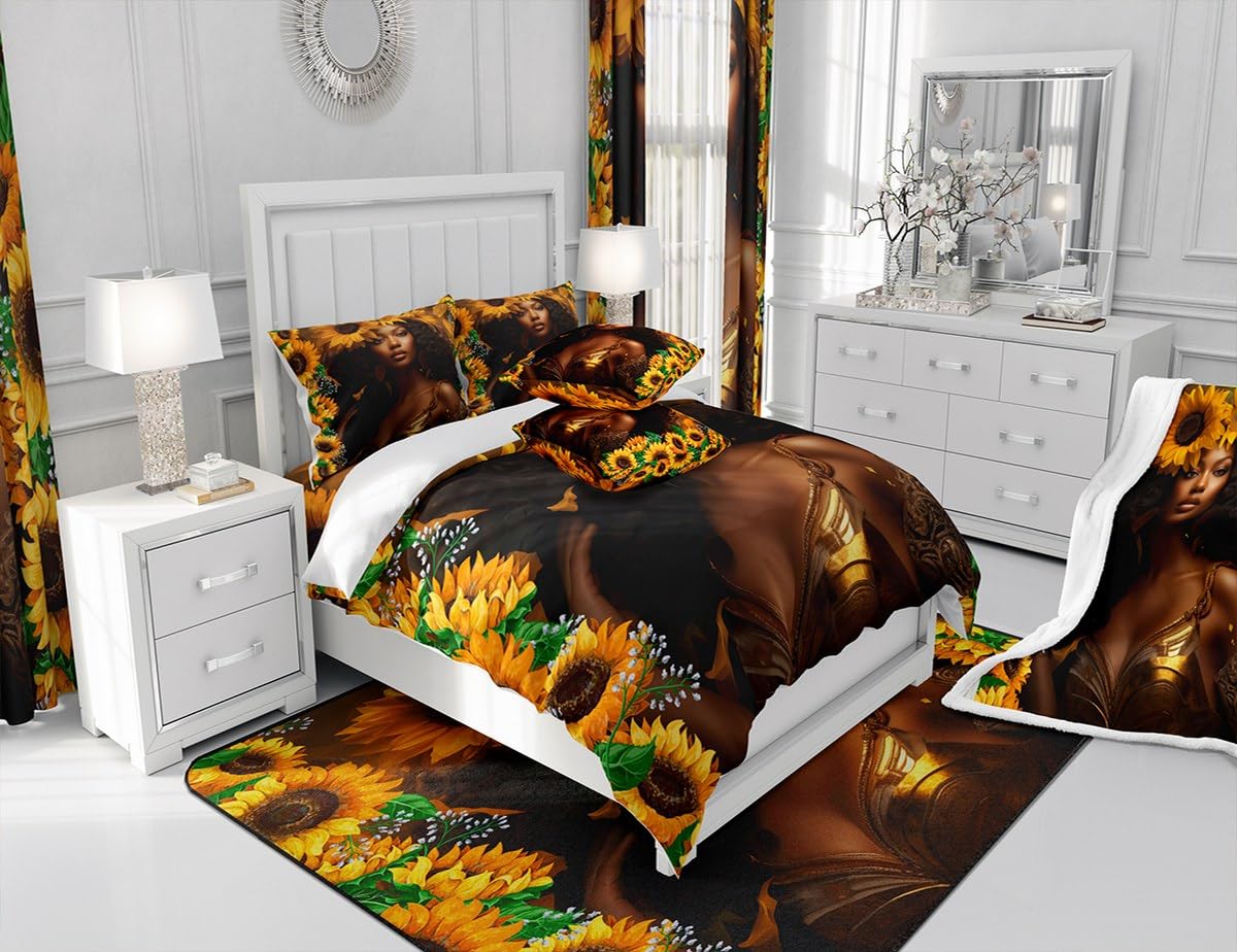 Homewish Black Woman Girls Comforter Set Queen Size,Romantic Sunflower Floral Bedding Set 3Pcs for Kids Teens Boys Adult Room Decor,Africa American Quilt Set Nature Exotic Duvet Insert,2 Pillowcases