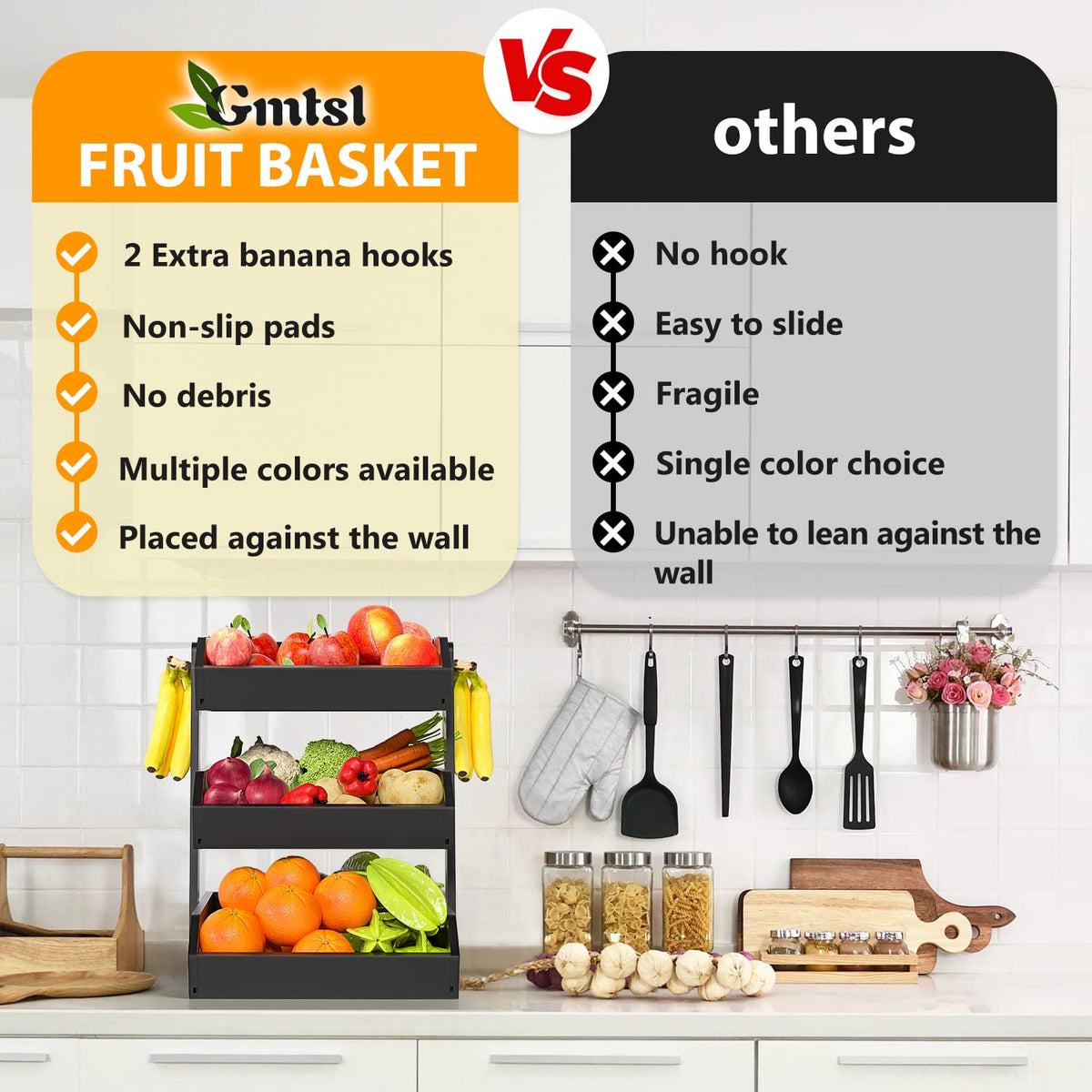 Gmtsl Bamboo Fruit Basket for Kitchen – 3 Tier Fruit Bowl For Kitchen Counter, Large Fruit Holder With 2 Banana Hangers, Idea For Fruit and Vegetable Storage, Bread Basket, Snack Organizer(BLACK)