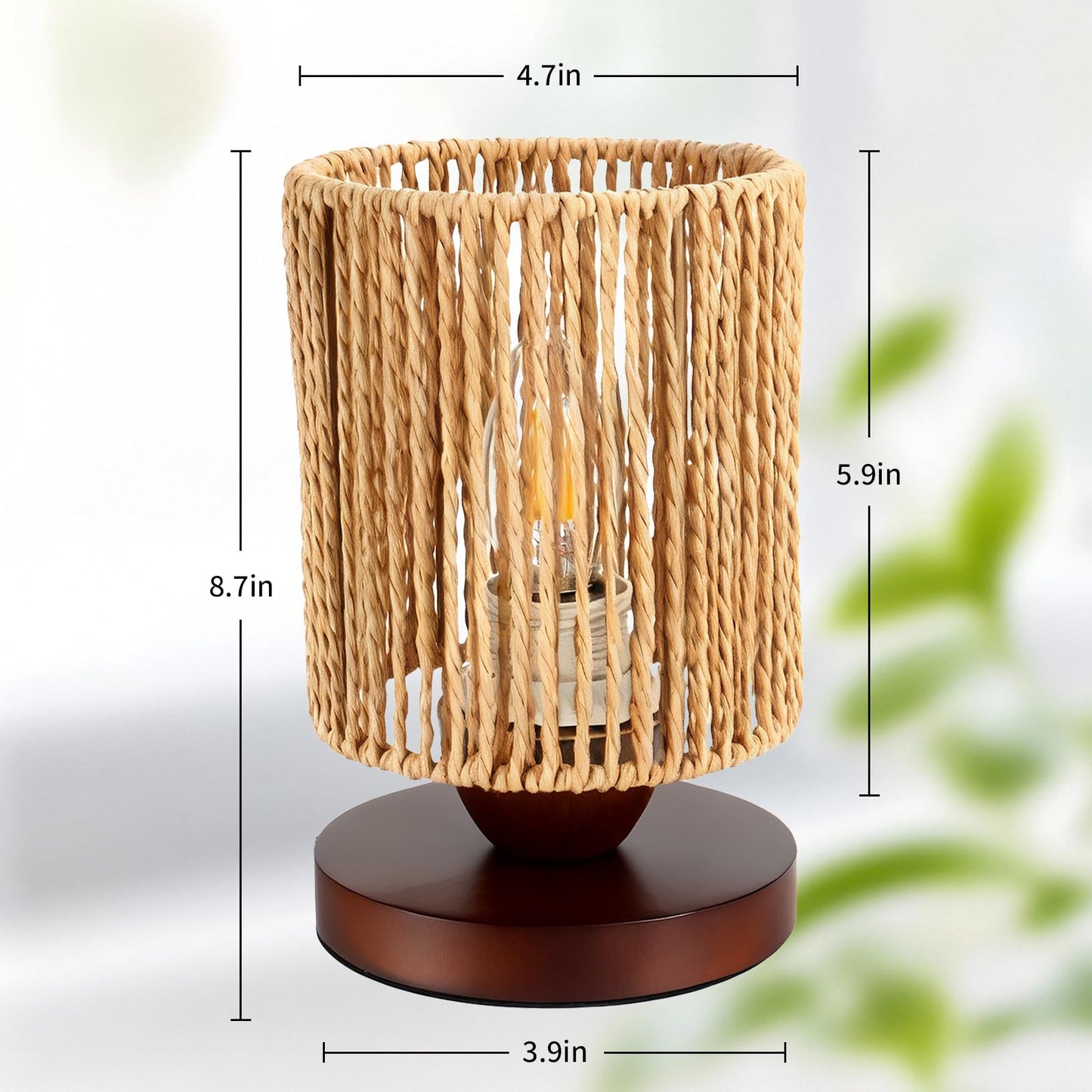 Handmade Rattan Lamp Boho Table Lamp for Bedroom, Small Woven Lamps for Night Stands with Warm White LED Bulb, Coastal Boho Lamp for Living Room Reading Nook Office Desk, 12cm Shade 20cm Height
