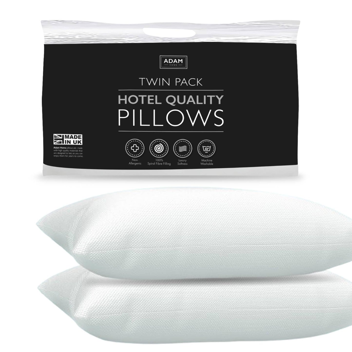 Adam Home Premium Pillows 2 Pack Hotel Quality with Breathable Cover – Bouncy Side Sleeper Pillow for Neck and Shoulder Pain – Quick Rebound & Dust Proof Hotel Pillows, Made in UK, (48x74 cm)