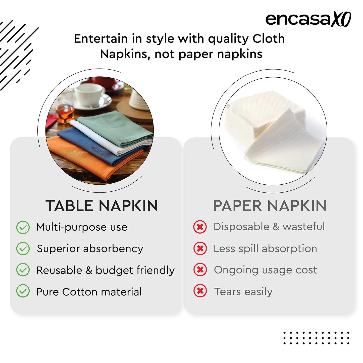 Encasa XO Natural Cloth Napkins Set of 6, 43x43 cm | Cotton Serviettes Napkins | Washable & Reusable Table Napkin for Wedding, Holiday, Halloween Party, Birthday & Everyday Table Décor