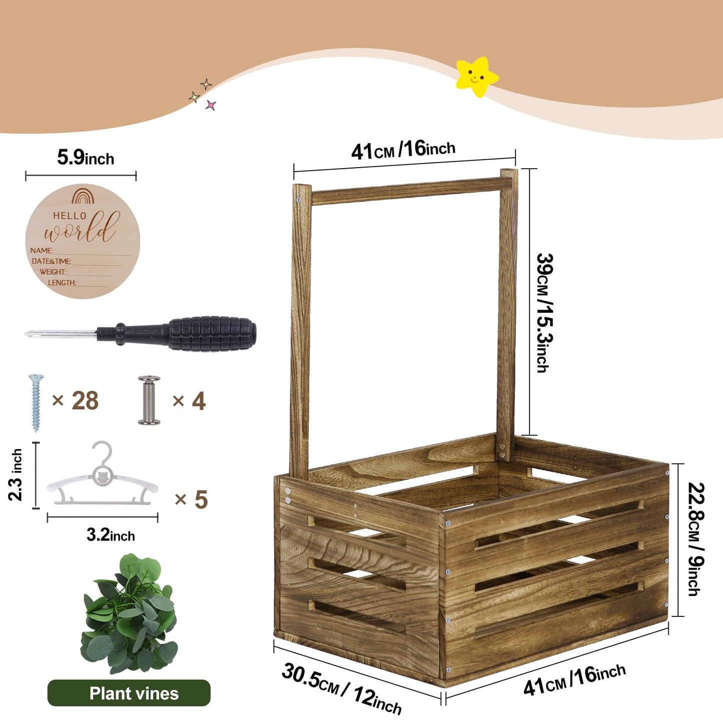 Snpwne Wooden Baby Shower Crate Closet, Baby Basket with Handle, Personalized Baby Gifts Basket, Storage Basket, Newborn Boy Girl Welcome Gift for New Mom Parents