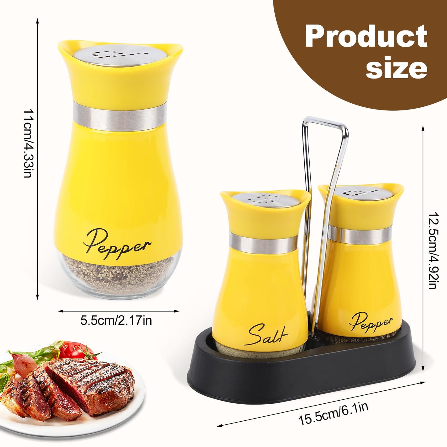 Salt and Pepper Shakers Set, 4 oz Stainless Steel Salt Shaker with Holder, Farmhouse Salt Pepper Shaker Containers with Glass Bottom for Kitchen Cooking Table, BBQ, Bar, RV, Camp (Yellow)
