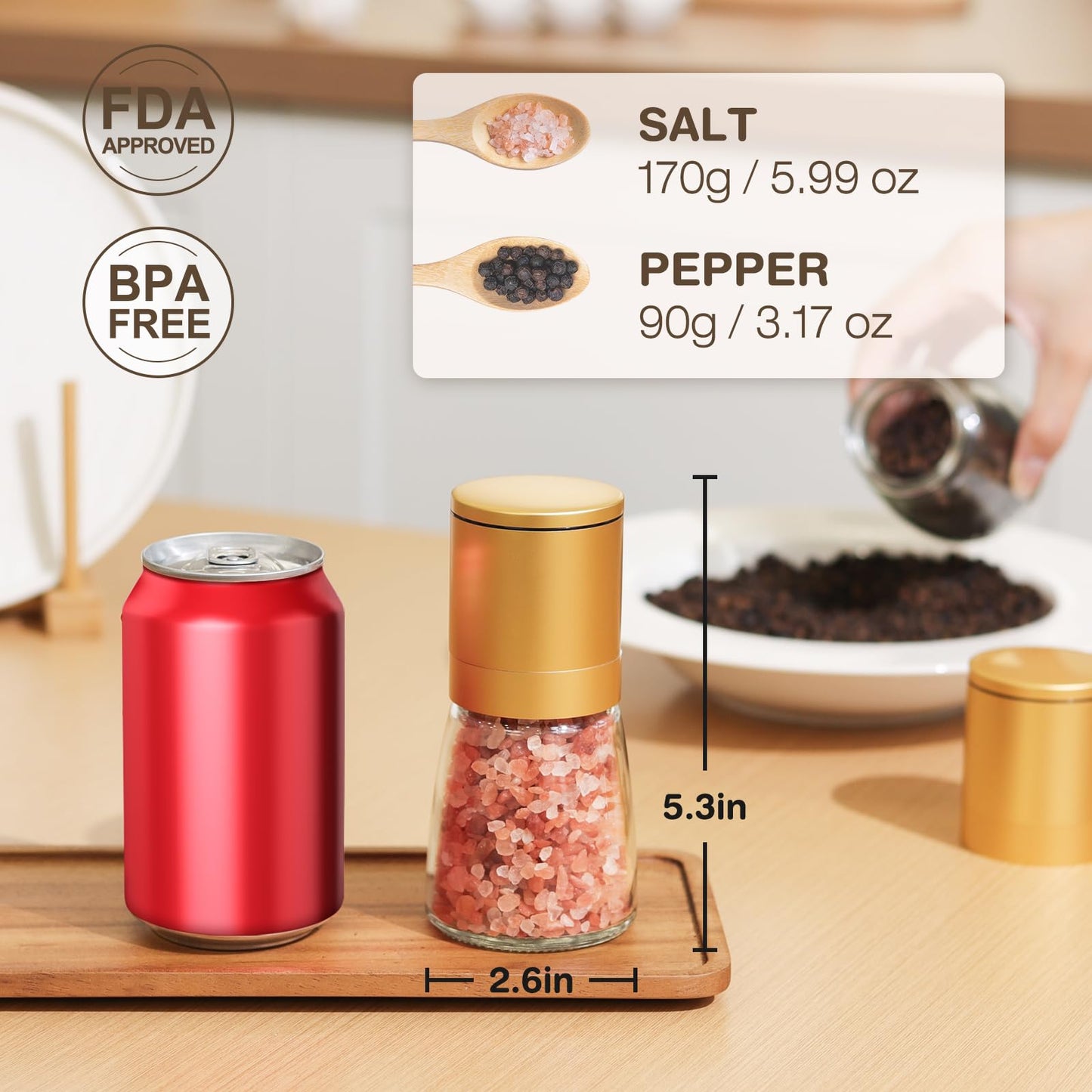 Vucchini Gold Salt and Pepper Grinder Mill - Adjustable Coarseness Ceramic Brass Spice Grinder Shaker - Refillable Glass Pepper Grinders for Home Golden Kitchen Accessories