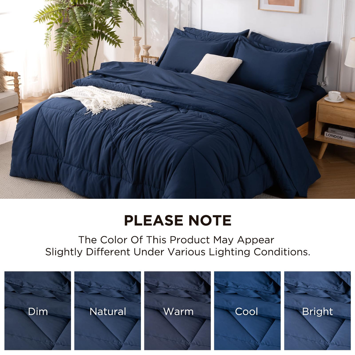 Baskbed 7 Pieces Queen Comforter Set - Utral Soft Microfiber Bedding Set, Thick Duvet Insert Bed in a Bag Without Rustling Noise for All Season, Navy (88"x88")