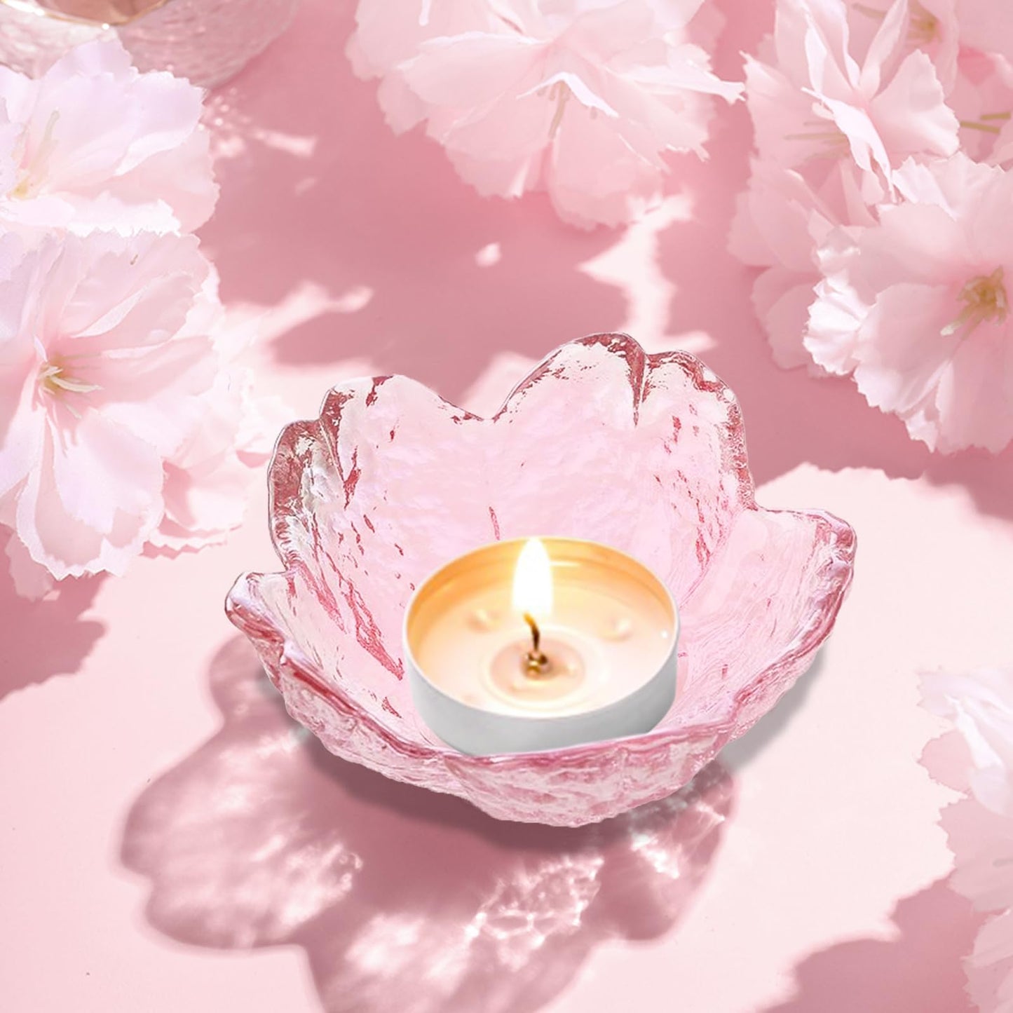 Glass Votive Candle Holders,Glass Seasoning Dishes,Cherry-Blossom Tea Bag Holders,Pink Flower Snack Dip Bowls,Set of 6 Tealight Pillar Trays for Party Housewarming Christmas Valentine Wedding Decor