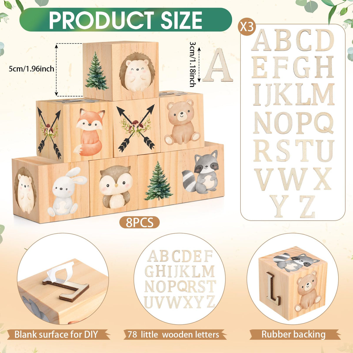 Wonderjune Custom Woodland Animals Wooden Name Sign, 8 Animals Block with 78 Letter Name Cubes for Alphabet Wood Signs Playroom Decoration
