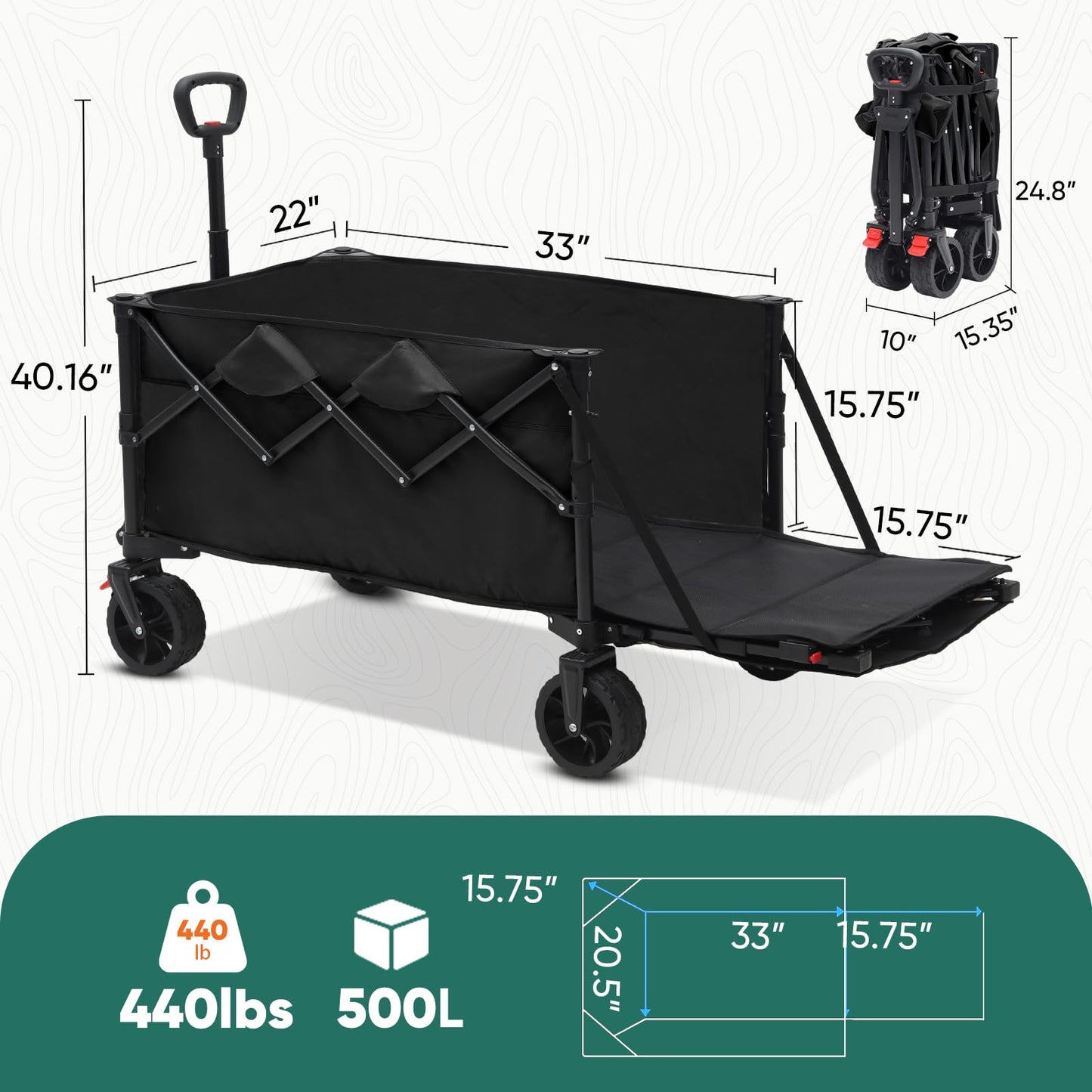 Sekey Festival Trolley with Expandable Tailgate - 350-500L, 440LB Heavy Duty Folding Camping Wagon, Brake, All-Terrain Wheels, Patented 4-Way Folding & One-Click Adjustable Handle, Beach Cart - Black