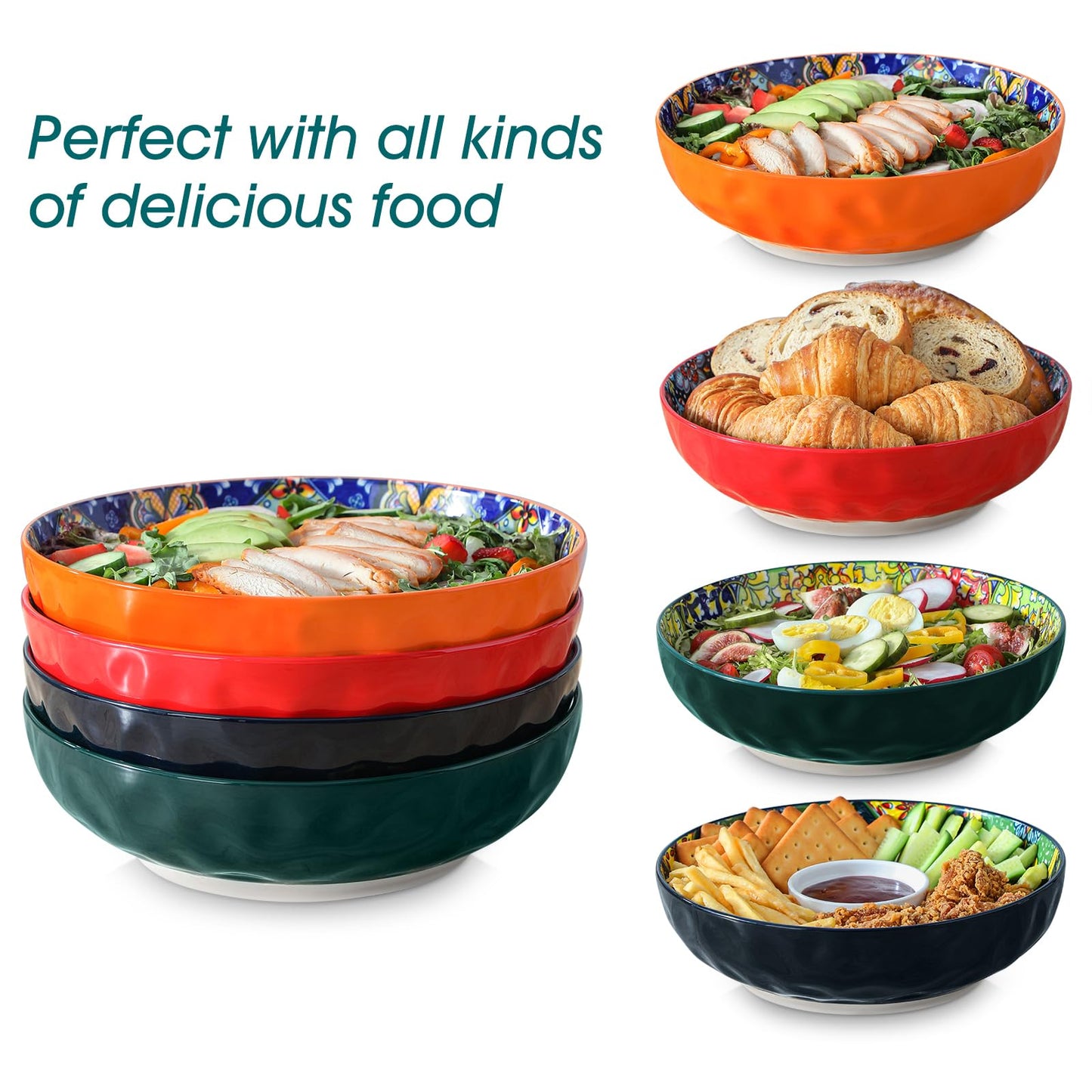 vancasso Large Serving Bowls, 78 Oz Extra Large Salad Bowls Set of 2, Bohemian Decorative Bowls for Salad, Fruit, Pasta and Dinner, Serving Dishes Set for Party, Dishwasher & Microwave Safe－Red