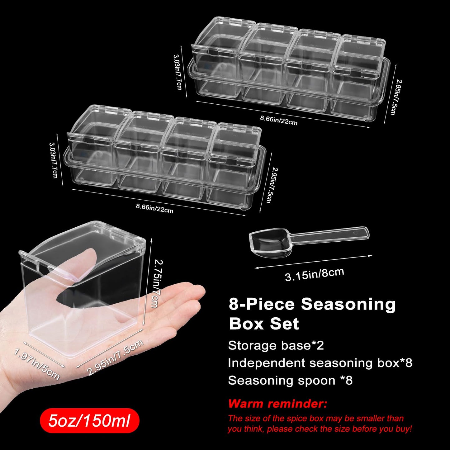 SHAIDOJIO Clear Seasoning Box, 8 Piece Seasoning Rack Spice Pots, Plastic Storage Container Condiment Jars with Lids and Spoon, Kitchen Organization Containers for Spice, Salt, Sugar, Cruet (2 Set)