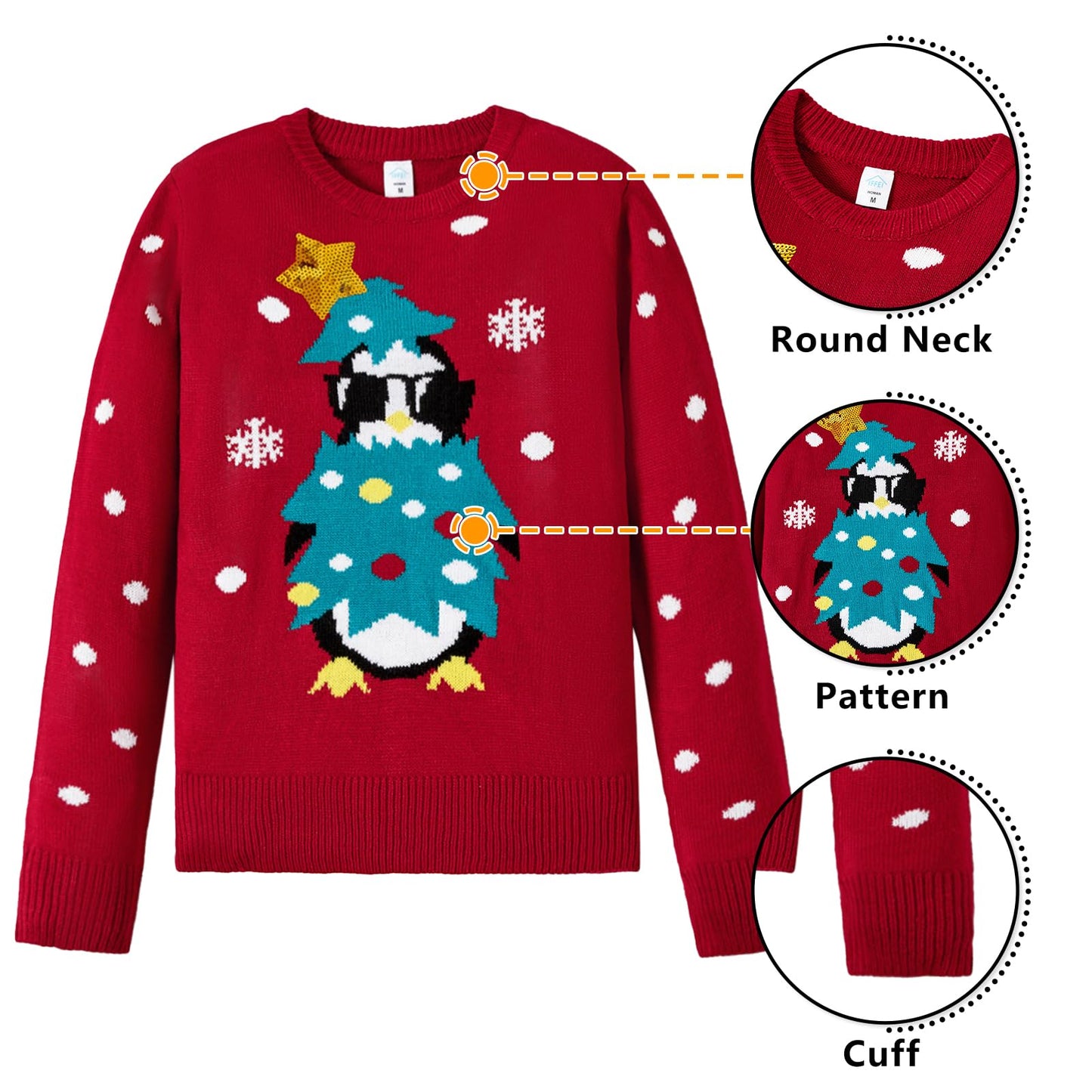 IFFEI Womens Ugly Christmas Sweater Novelty Print Crew Neck Sweater Penguin-Red M